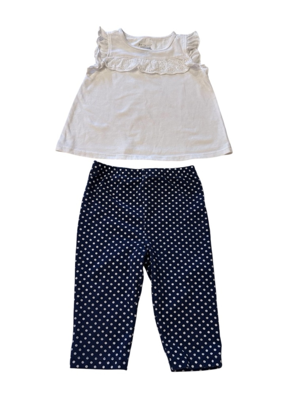 White Ruffle Sleeveless Top & Navy Polka Dot Capri Set | 18 months | GUC
